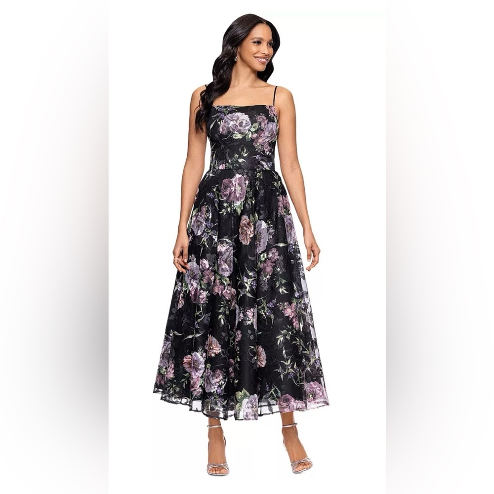 Betsy & Adam Black and Purple Floral Maxi Dress